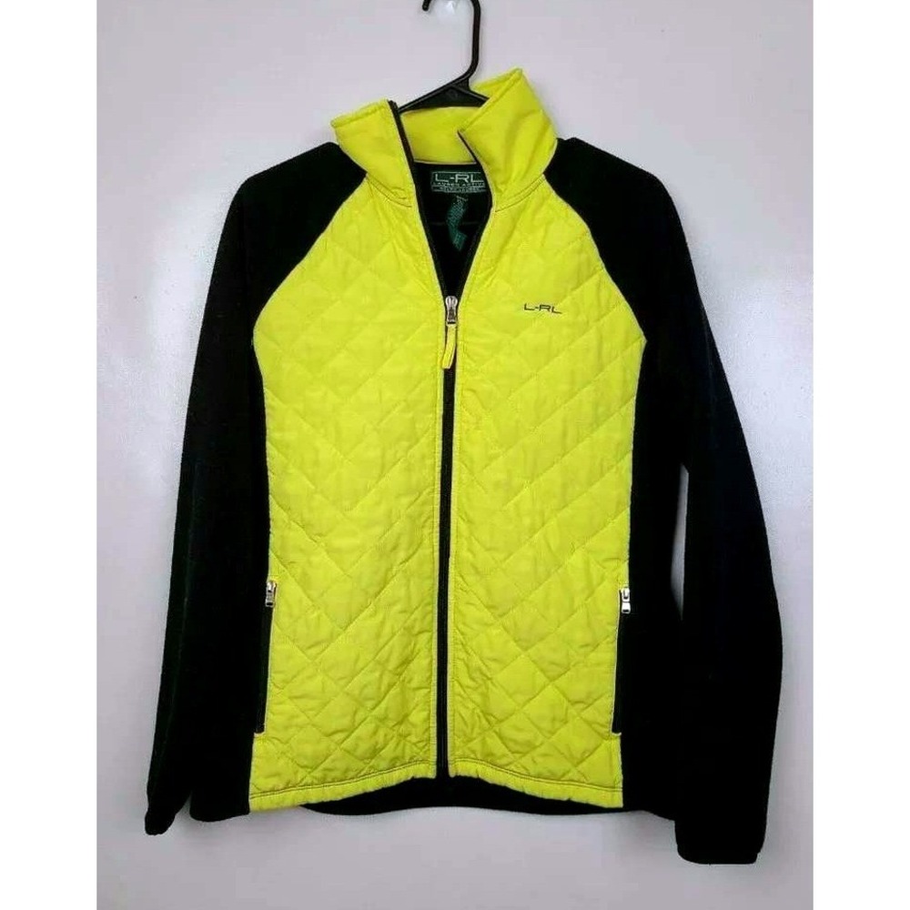 Lauren Ralph Lauren Active Jacket Womens Medium Yellow Black Quilted Fleece Zip